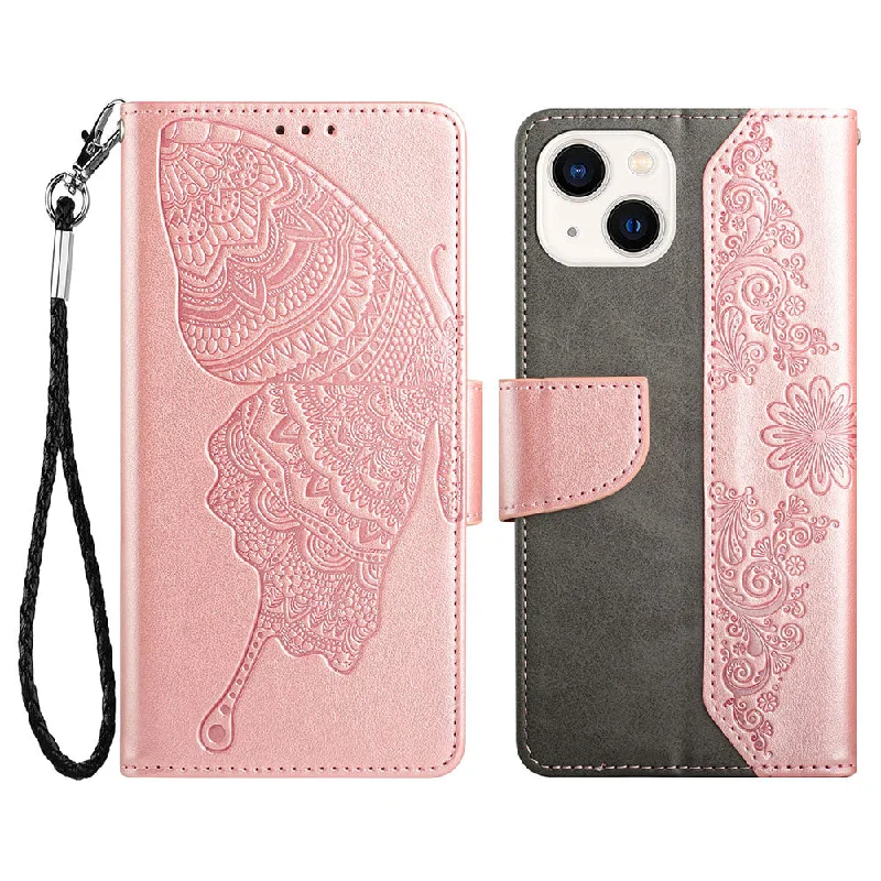 Wallet Phone Case for iPhone 13 mini 5.4 inch Scratch Resistant PU Leather Cover Butterfly Flower Imprinted Phone Protector with Stand