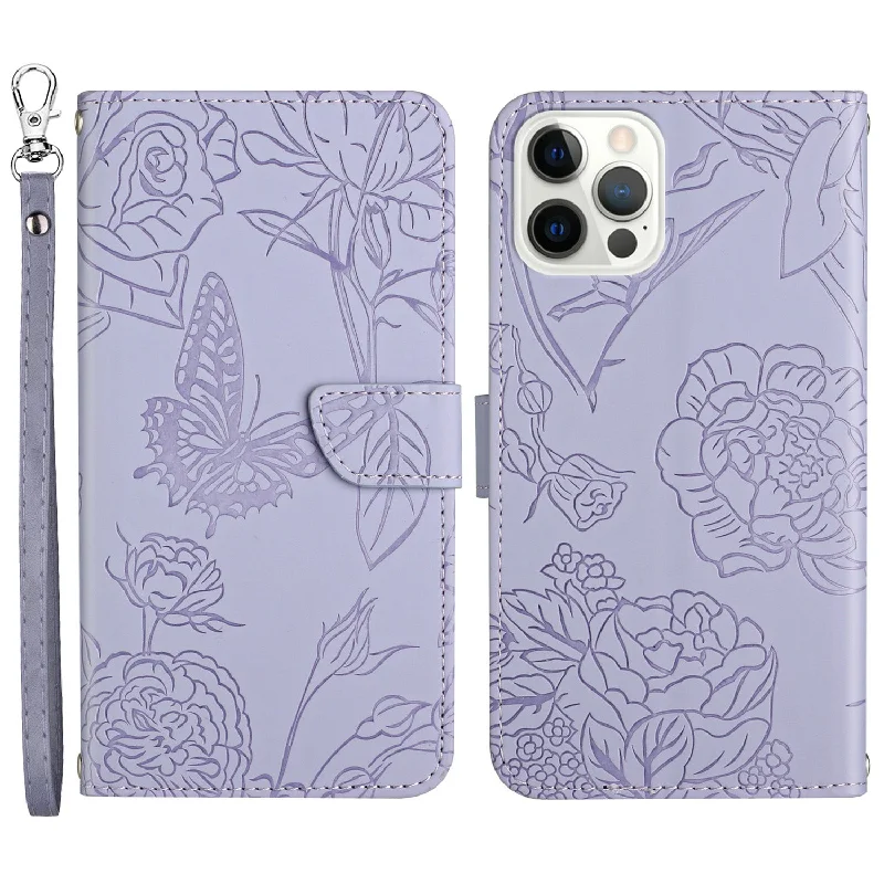 Wallet Stand Shockproof Case for iPhone 13 Pro 6.1 inch Skin-touch PU Leather Folio Flip Cover Stylish Butterflies Imprinted Anti-drop Phone Protector with Strap